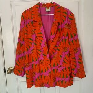 Farm RIO Funky Floral Pink and Orange Women's Jacket with shoulder pads. XL.